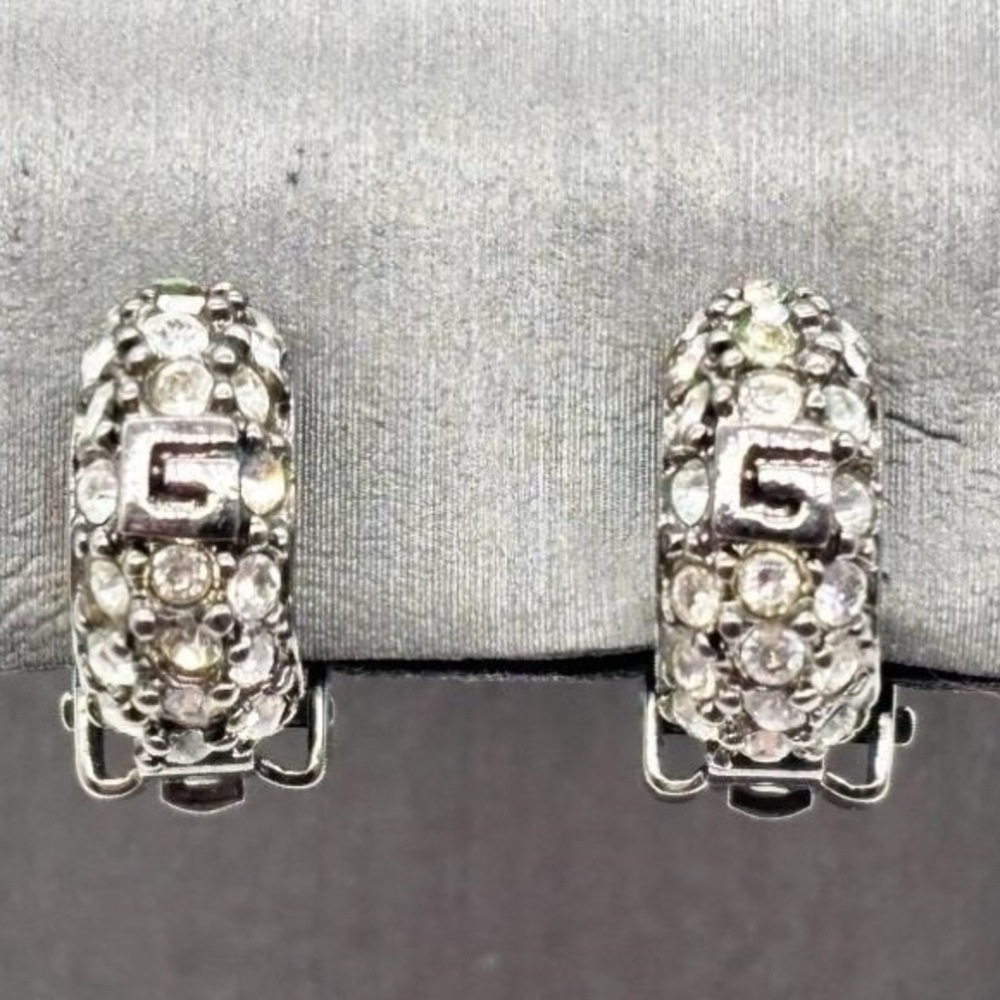 Vintage Givenchy Silver Tone  Clear Crystal Huggie Hoop Clip On Earrings